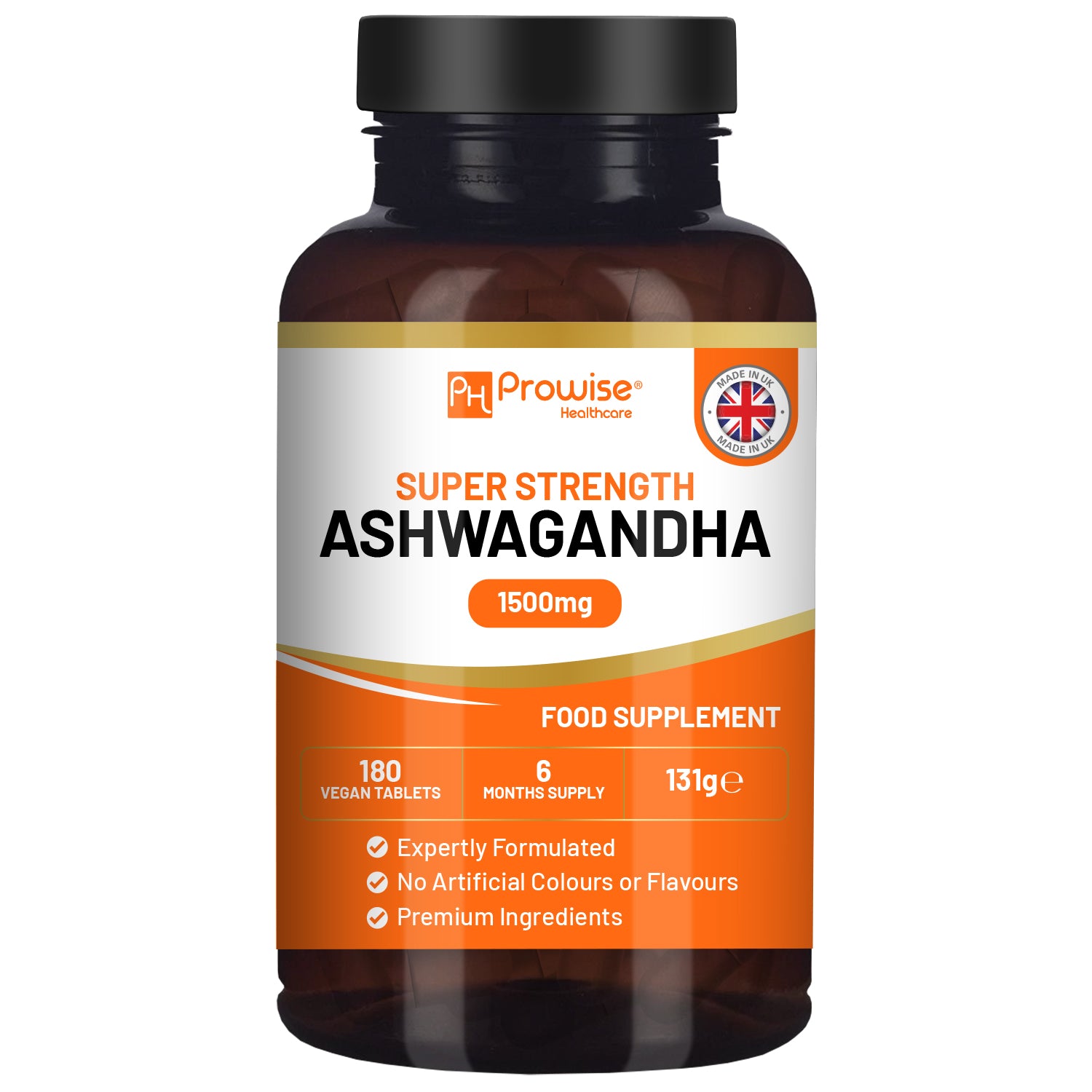 GlowCare Ashwagandha 1500mg vegan tablets in a bottle, showcasing 180 tablets for a 6 months’ supply.