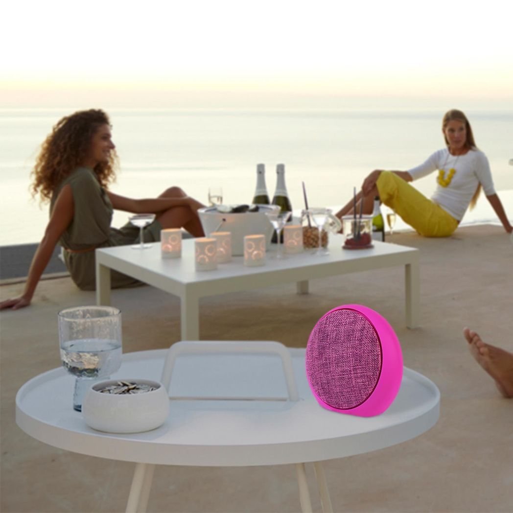 Pink Fabric Bluetooth Portable Speaker by Soundz, V4.1 Active model, showcasing its sleek design and fabric texture.