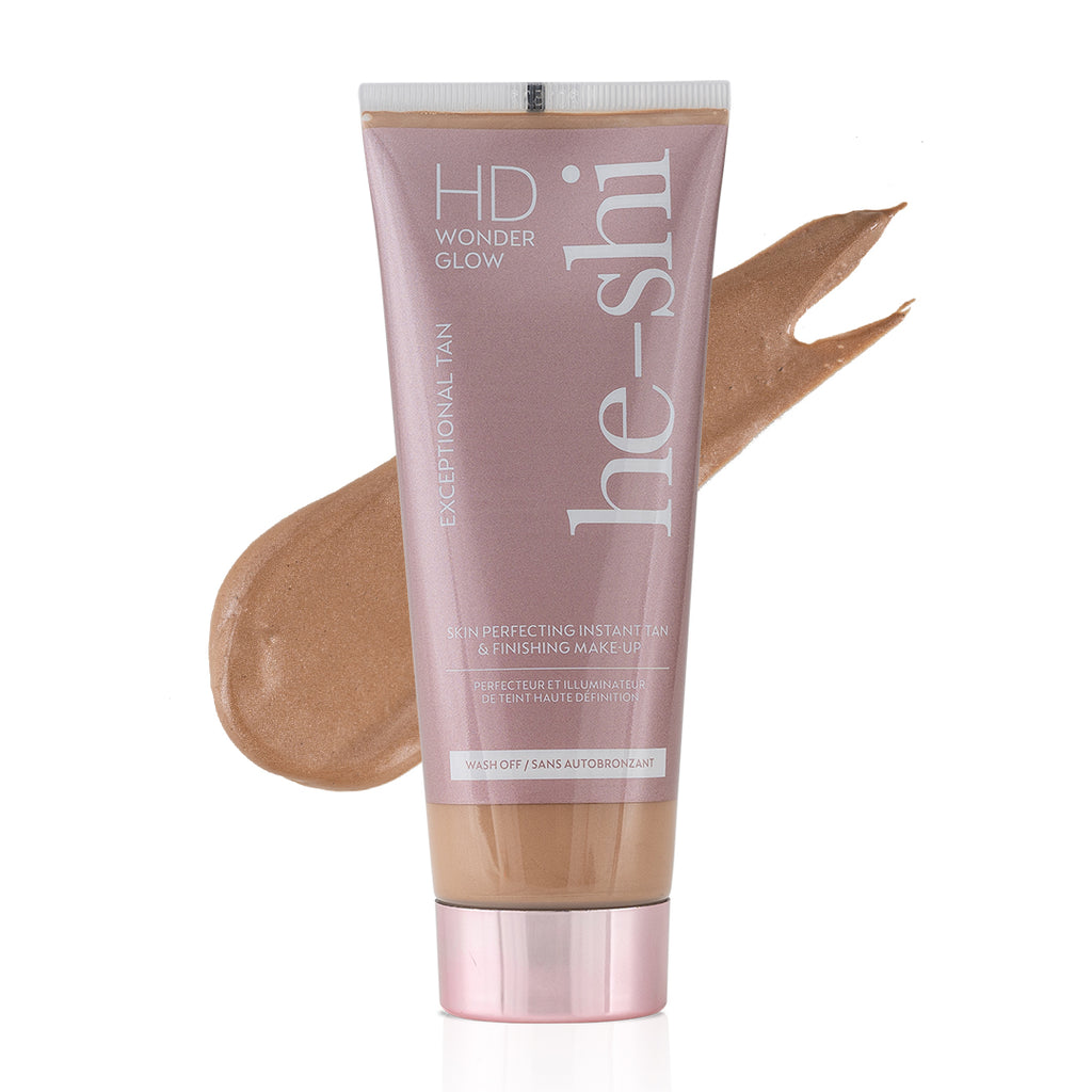He-Shi HD Wonder Glow body makeup, showcasing a radiant, glowing finish on skin in a close-up view.