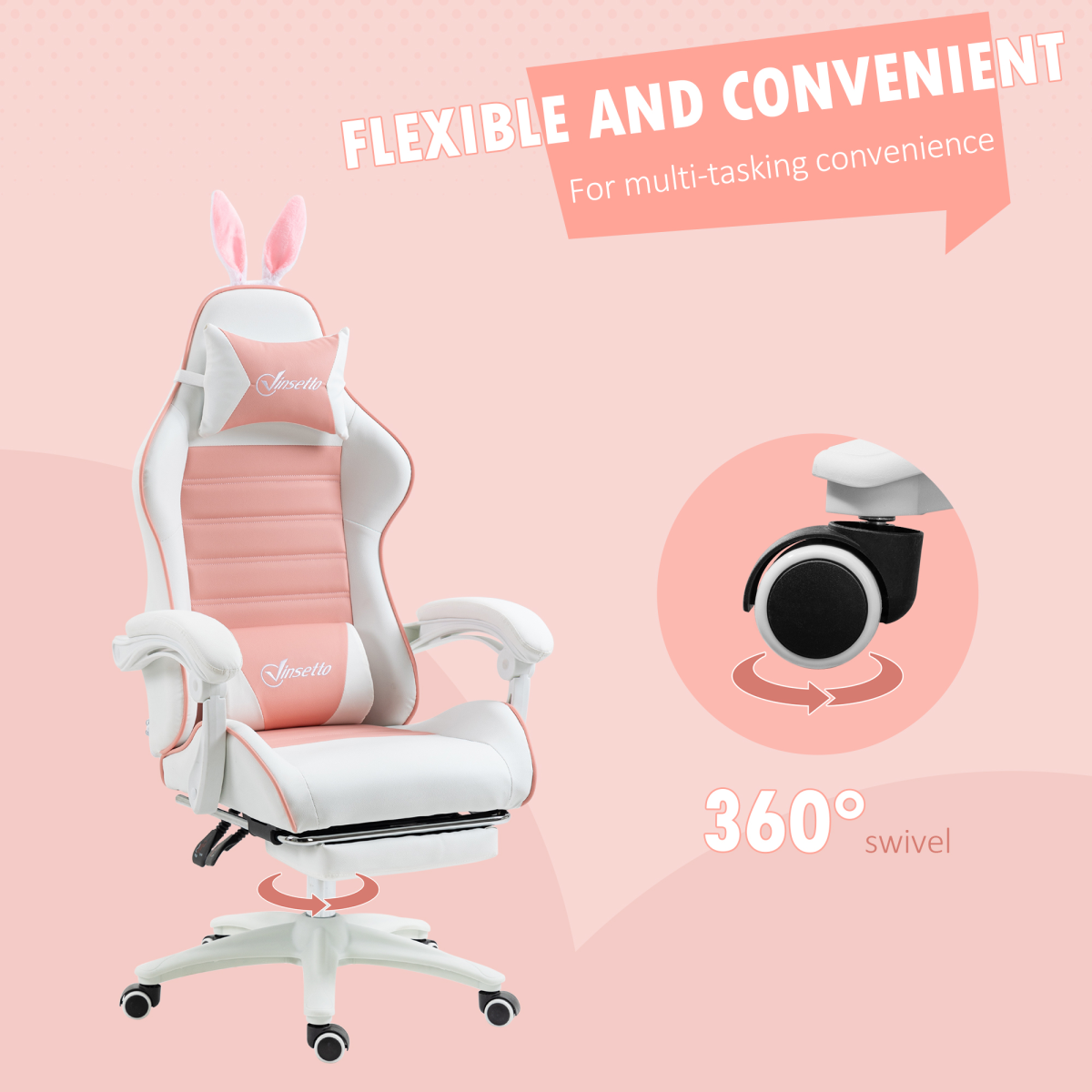 Vinsetto pink racing style gaming chair with footrest and removable rabbit ears, designed for comfort and style.