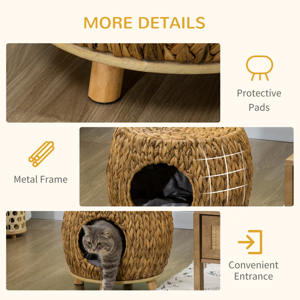 Rattan Cat House Stool, Wicker Kitten Bed for Outdoors and Indoors w/ Cushion