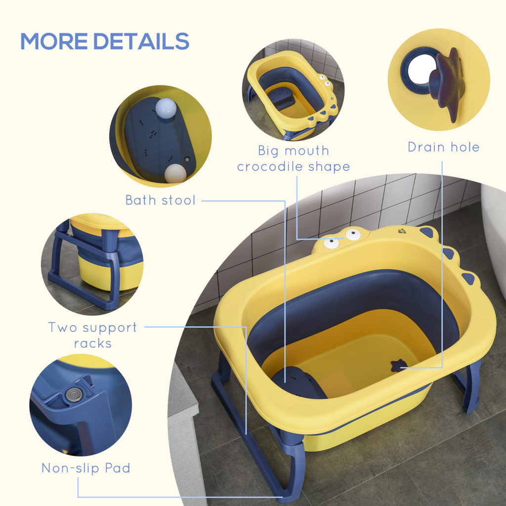 Yellow foldable baby bathtub for newborns and toddlers with stool, designed by HOMCOM for easy storage and bath time fun.
