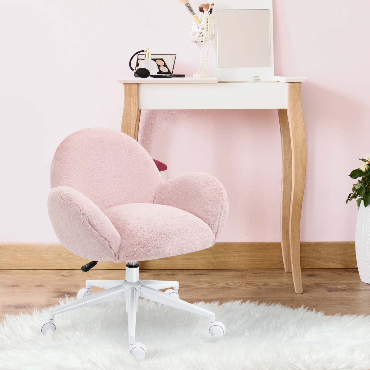 Fluffy Leisure Chair Office Chair w/ Backrest and Armrest for Bedroom Pink