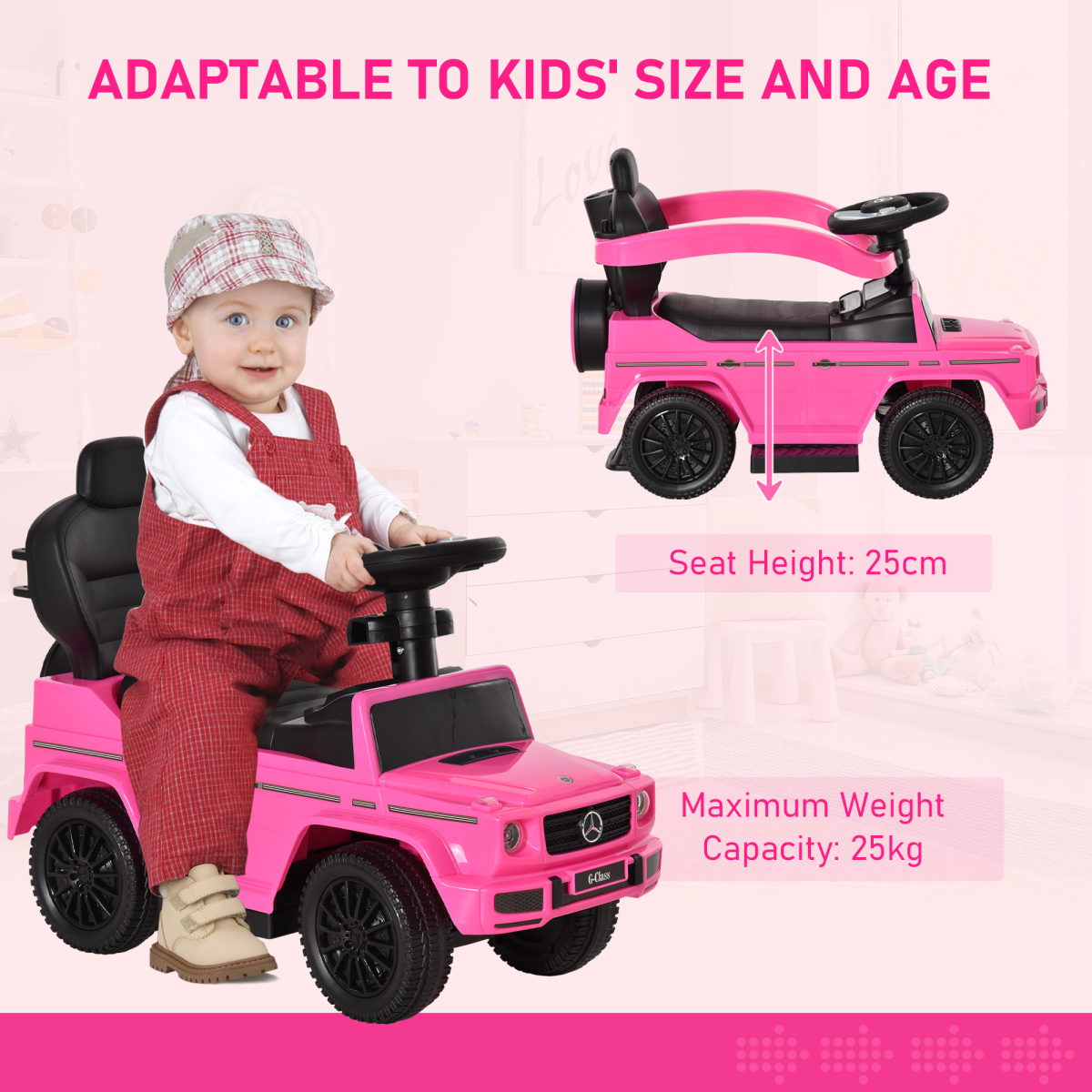 Licensed pink Mercedes Benz G350 ride-on push car with sun canopy for toddlers aged 12-36 months by FunZone.
