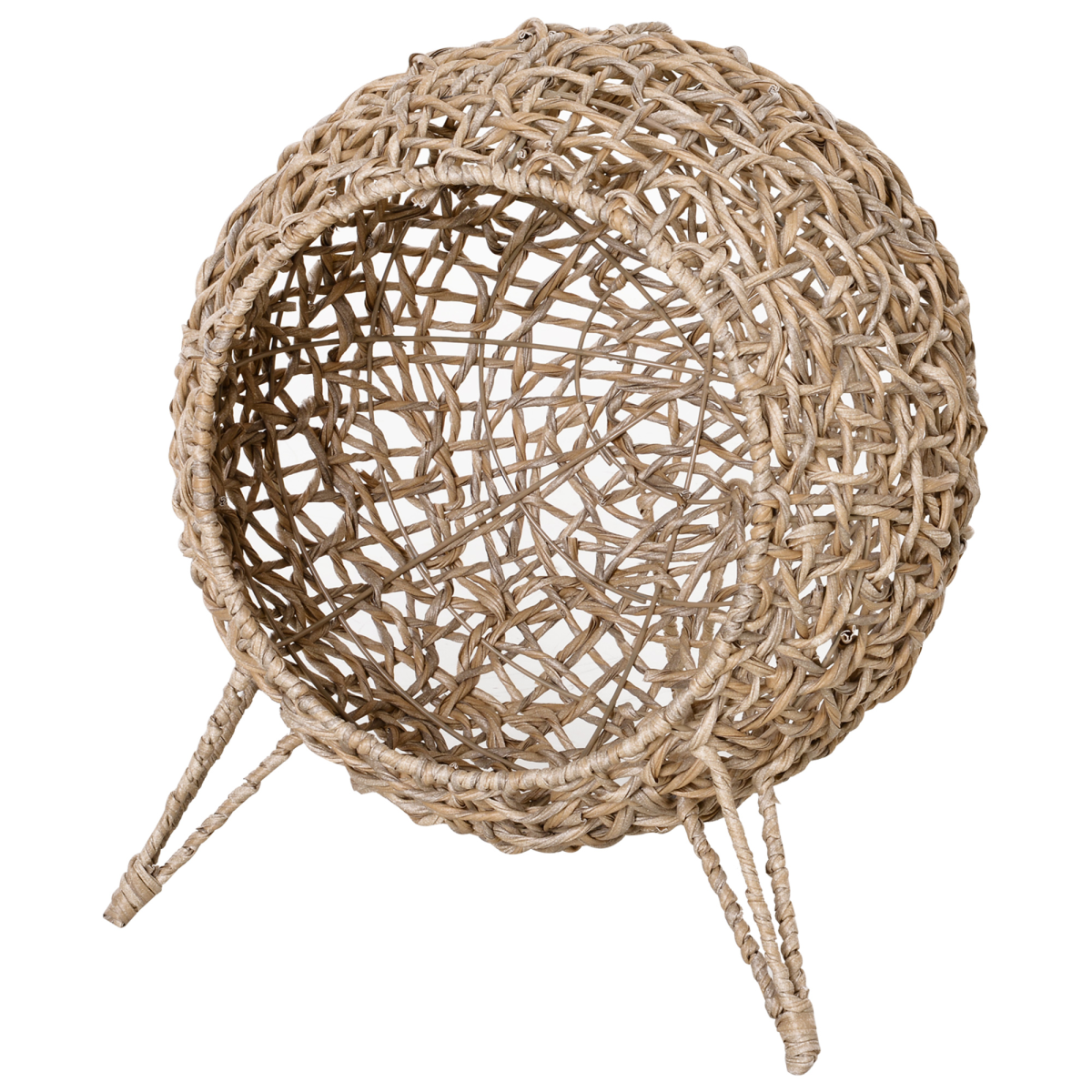 Wicker Cat House, Ball-Shaped Rattan Raised Cat Bed - Natural Wood Finish