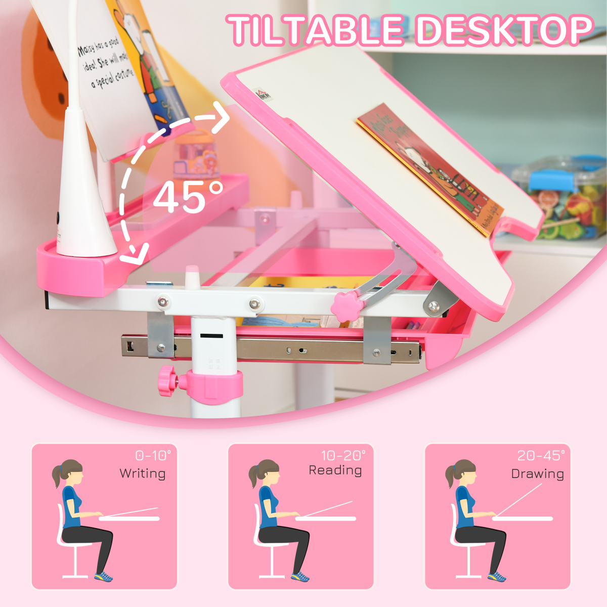 HOMCOM pink kids study desk and chair set with adjustable height and storage drawer, perfect for children's study space.