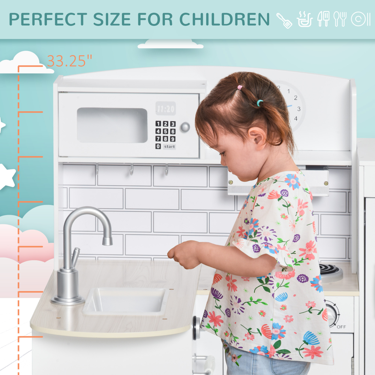 Kids FunZone kitchen play set featuring a white drinking fountain, designed for imaginative play and creativity.