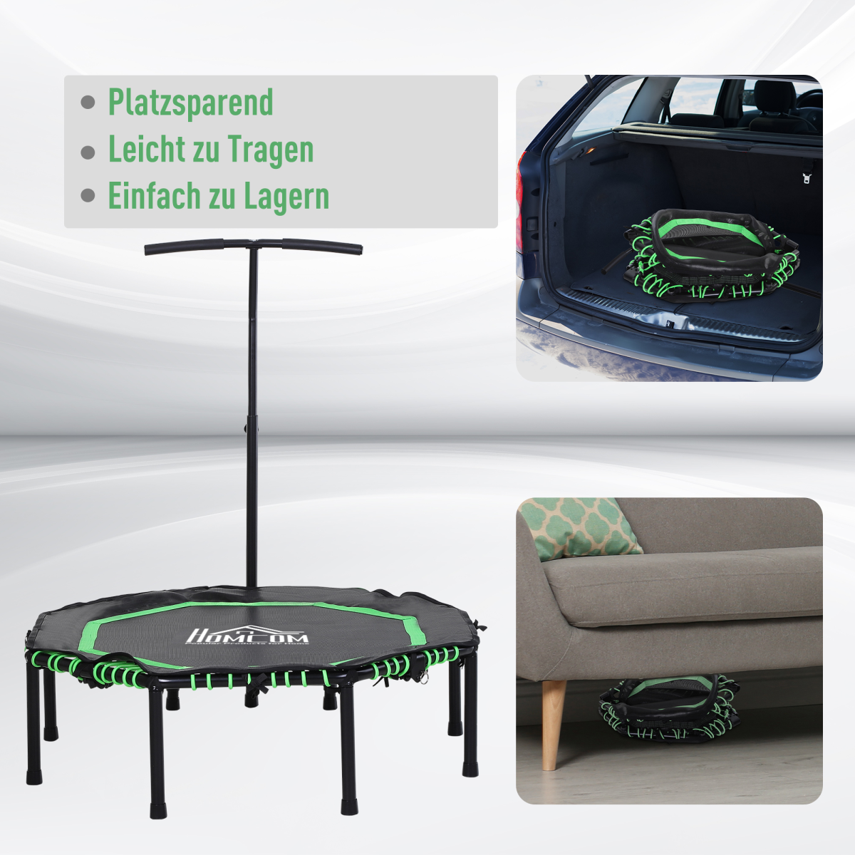 Green foldable trampoline with adjustable handle for adults and teens by HOMCOM, featuring a sturdy design for safe jumping.