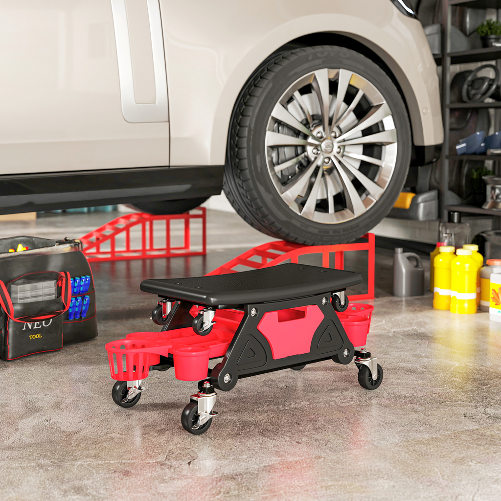 Rolling Mechanic Stool with Detachable Seat & Storage - 135kg Capacity - Red