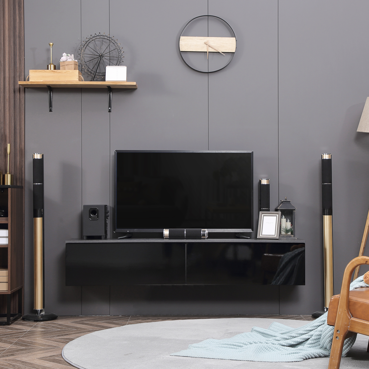 Floating TV unit stand with storage cupboards, sleek design by HomeCraft, showcasing a modern wall-mounted media console.