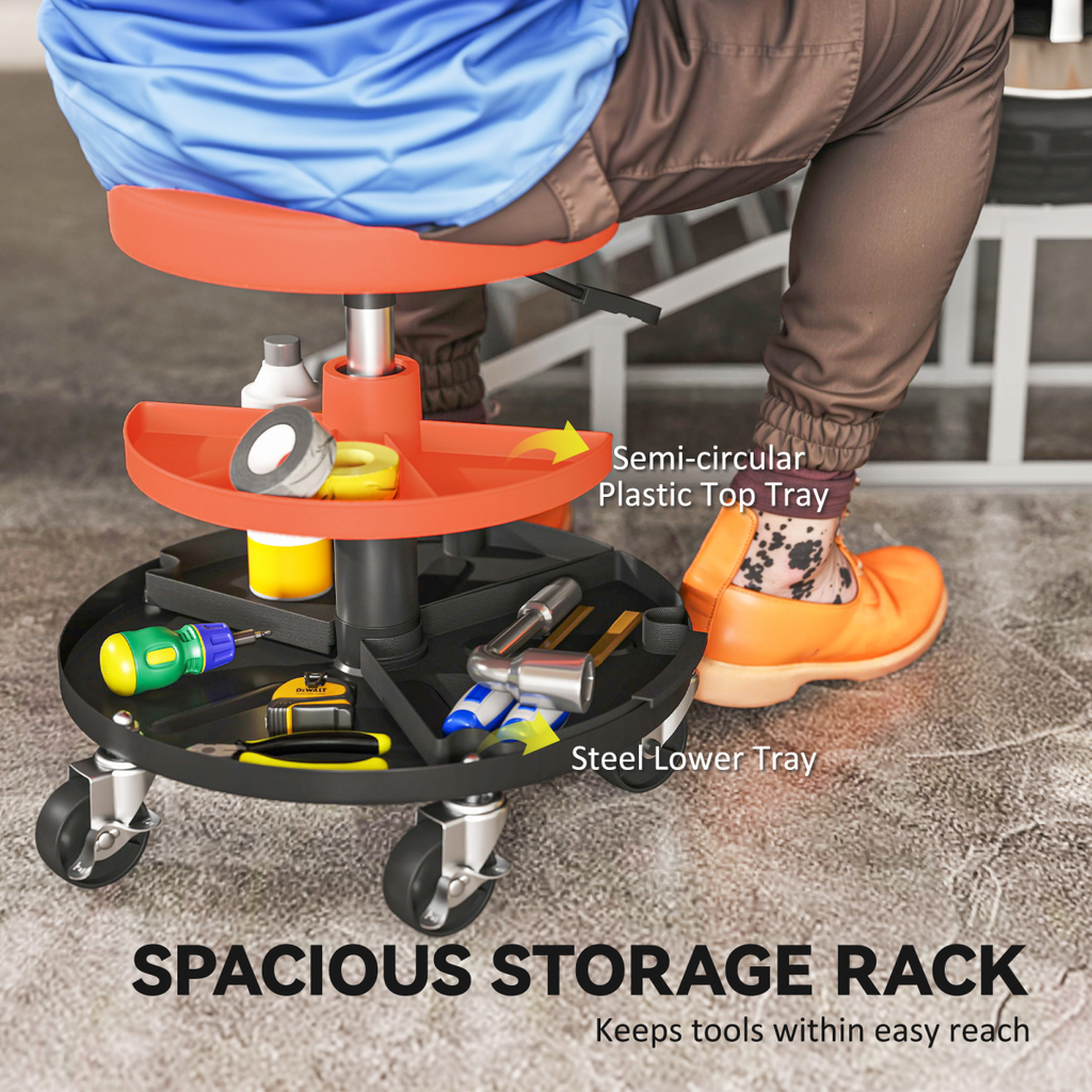 Pneumatic Height-Adjustable Mechanic Stool with Dual-Tier Trays - 135kg - Yellow