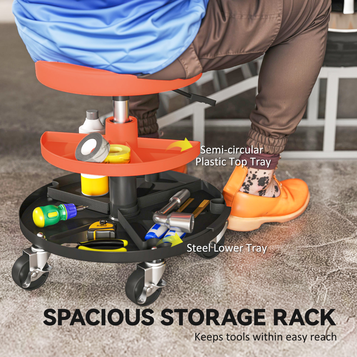 Pneumatic Height-Adjustable Mechanic Stool with Dual-Tier Trays - 135kg - Yellow