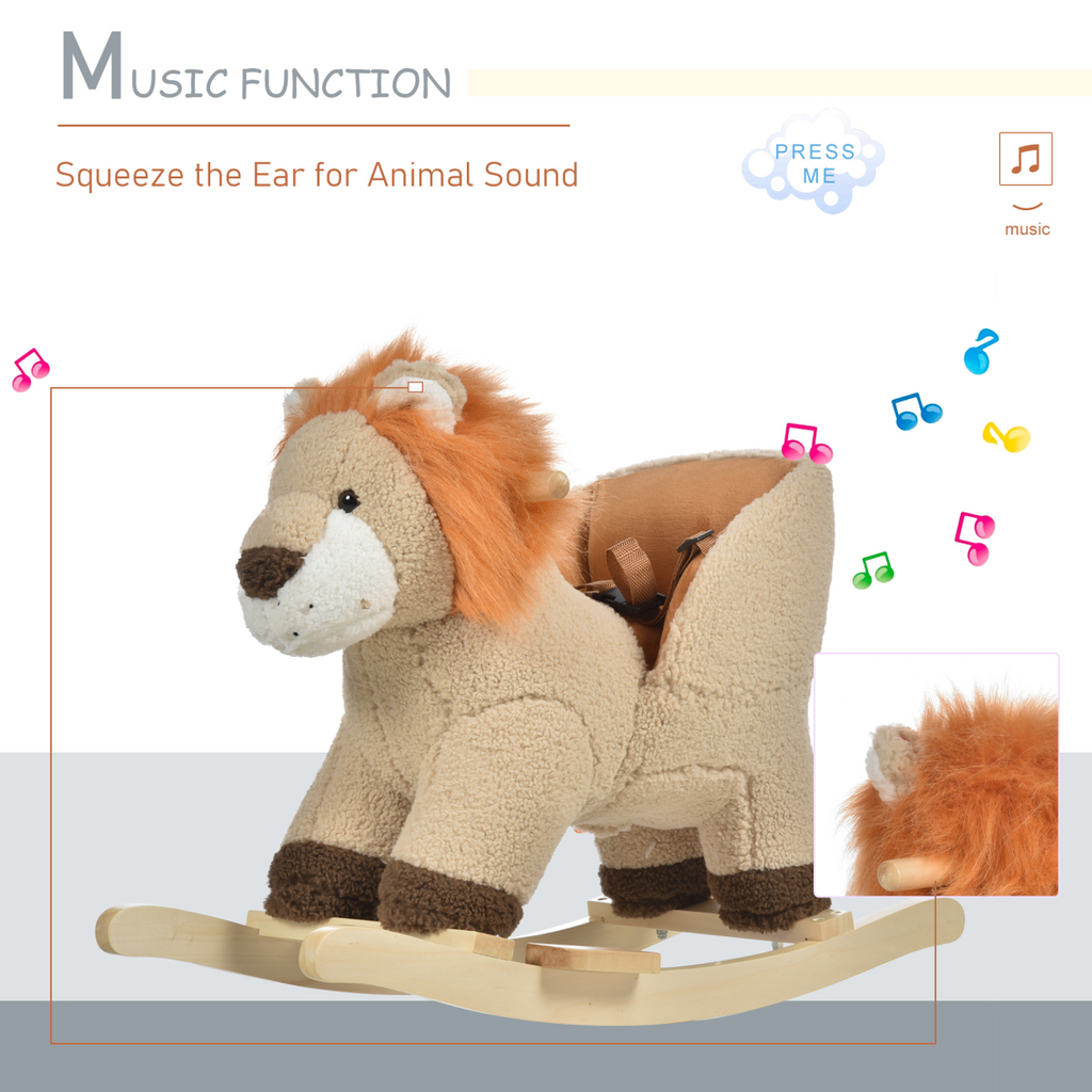 Kids rocking lion plush ride-on toy with sound button and seat belt, suitable for ages 18-36 months.
