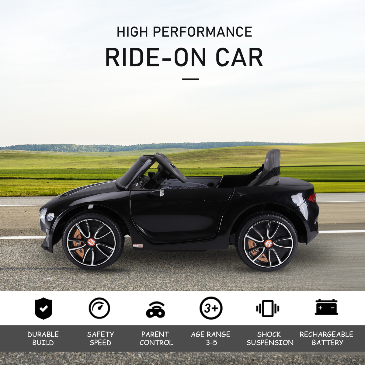 Black HOMCOM Electric Ride-on Car with LED lights, music features, and parental remote control for kids.