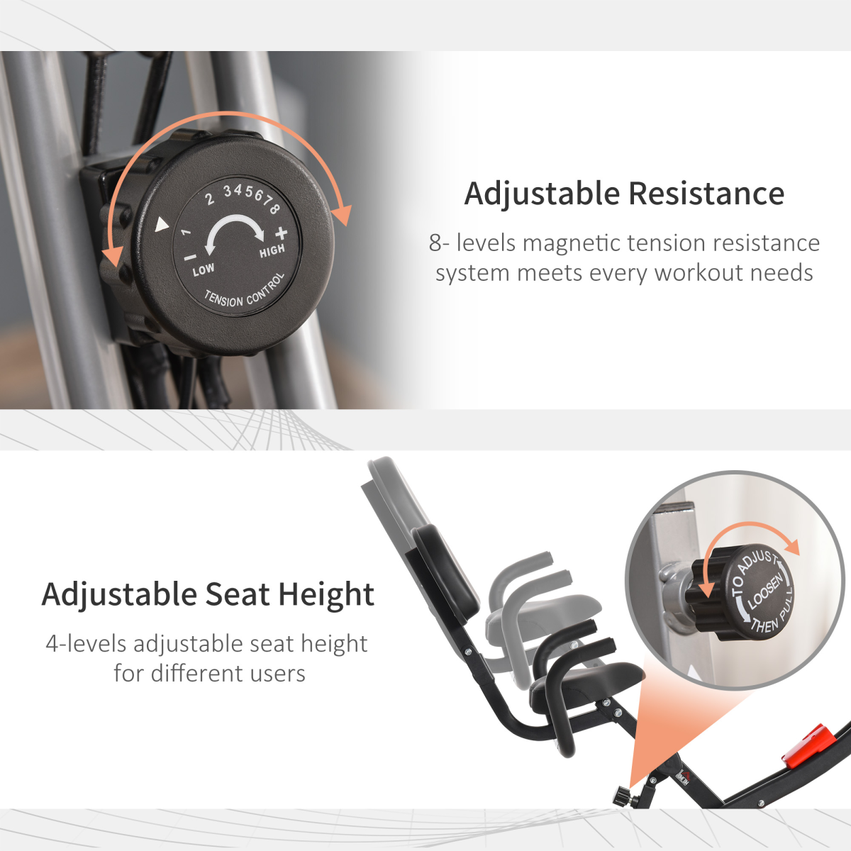 HOMCOM 2-in-1 upright exercise bike in grey with 8 adjustable levels and pulse sensor features.