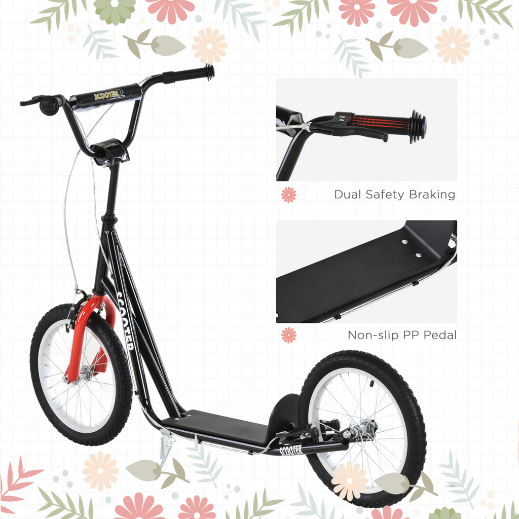 Kids kick scooter with adjustable handlebar and inflatable wheels in black, designed for ages 5 and up.