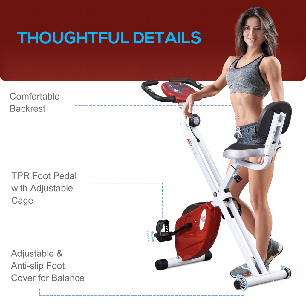 Foldable red Magnetic Resistance Exercise Bike with LCD display and adjustable seat for effective workouts.