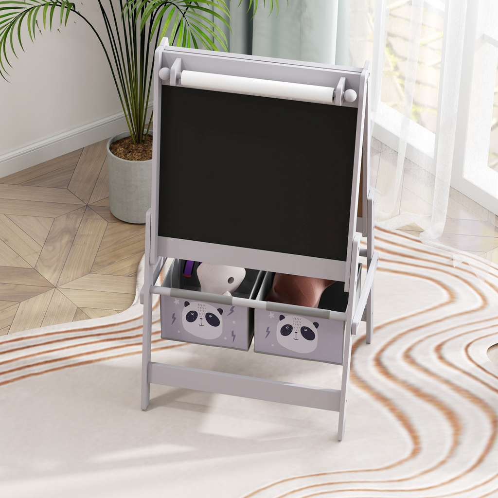 AIYAPLAY Kids Easel in grey featuring a paper roll, blackboard, whiteboard, and storage compartments.