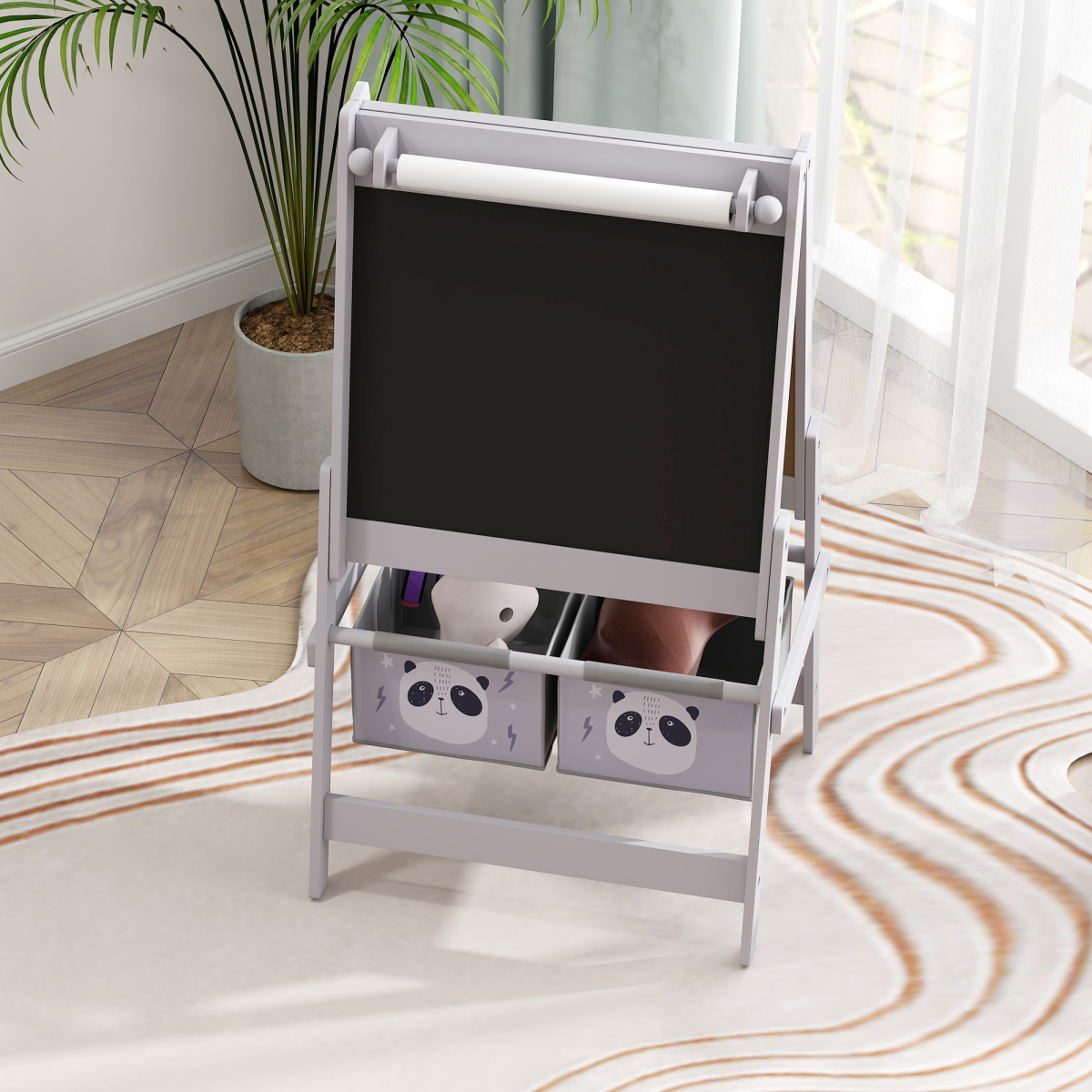 AIYAPLAY Kids Easel in grey featuring a paper roll, blackboard, whiteboard, and storage compartments.