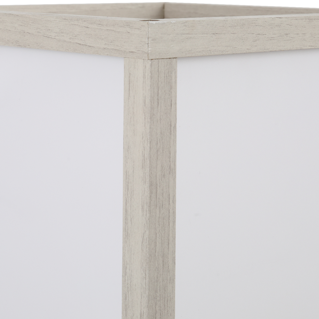 White and oak HOMCOM floor lamp with three storage shelves and foot switch, illuminating a modern living space.