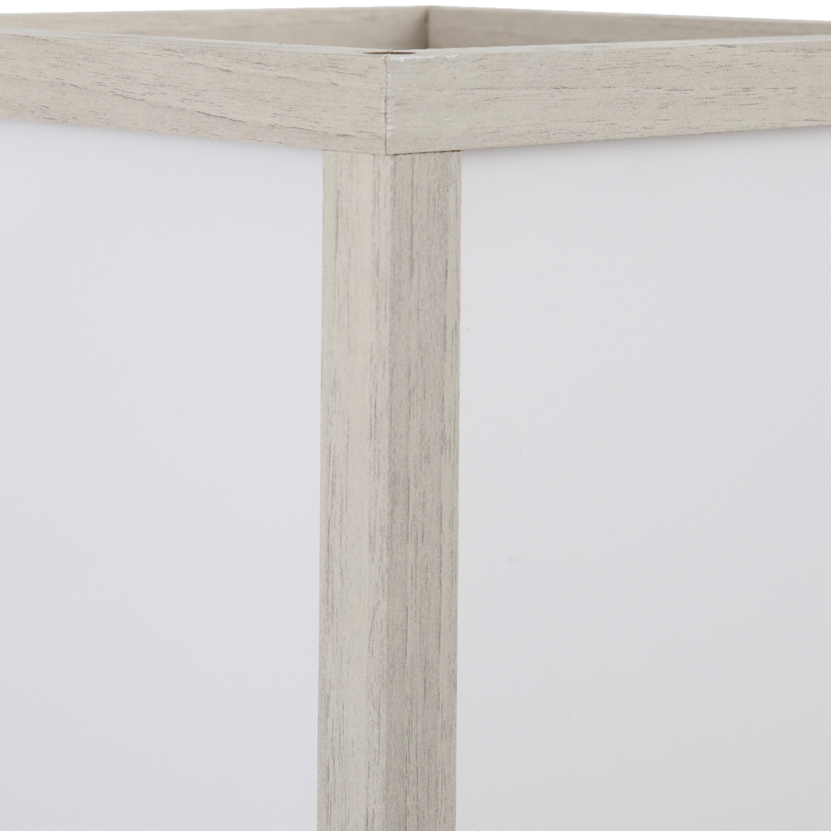 White and oak HOMCOM floor lamp with three storage shelves and foot switch, illuminating a modern living space.