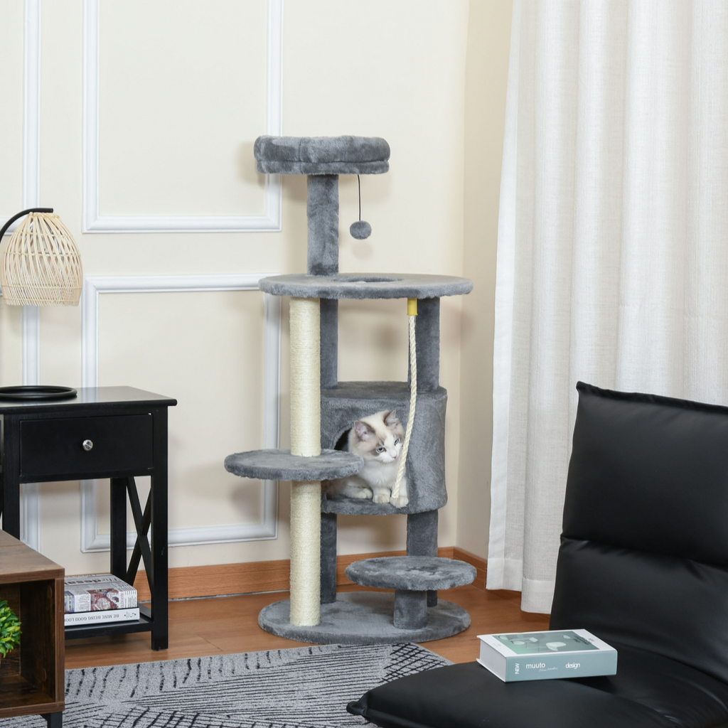 Dark grey Pawhut cat tree tower activity center with hanging ball toy and teasing rope for playful cats.