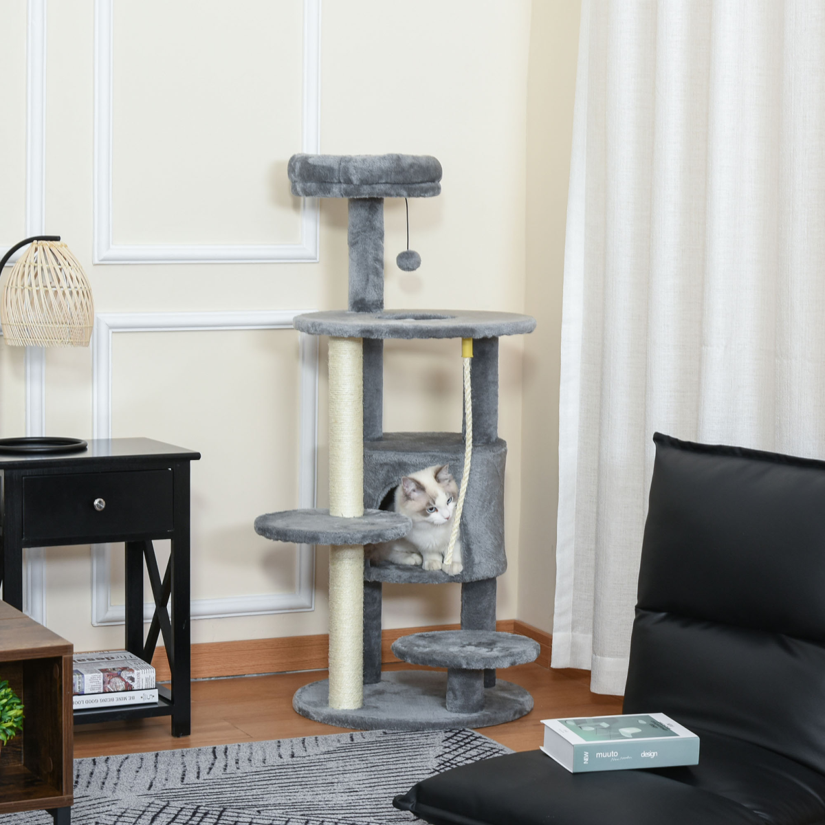 Dark grey Pawhut cat tree tower activity center with hanging ball toy and teasing rope for playful cats.