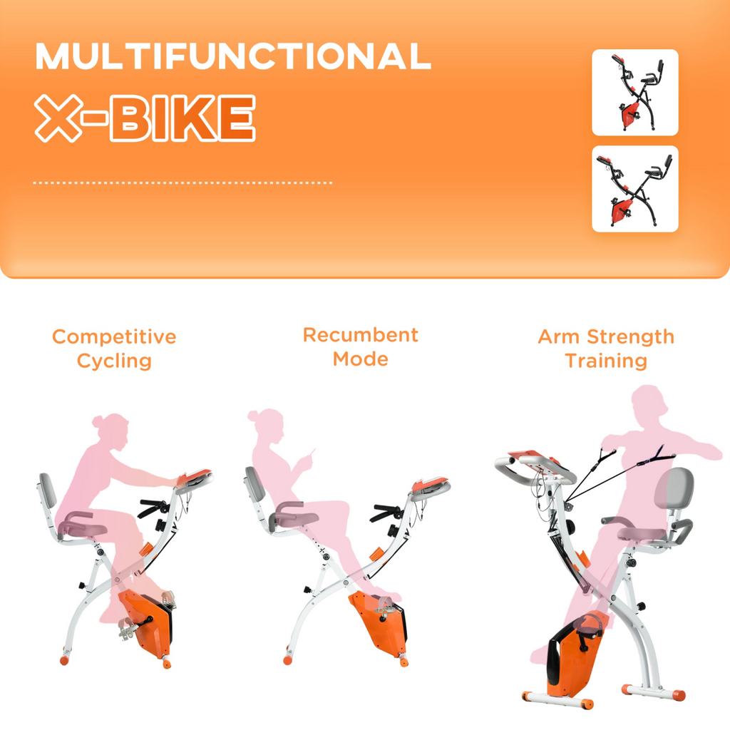 HOMCOM 2-in-1 upright exercise bike in orange with 8-level adjustable resistance and pulse sensor features.