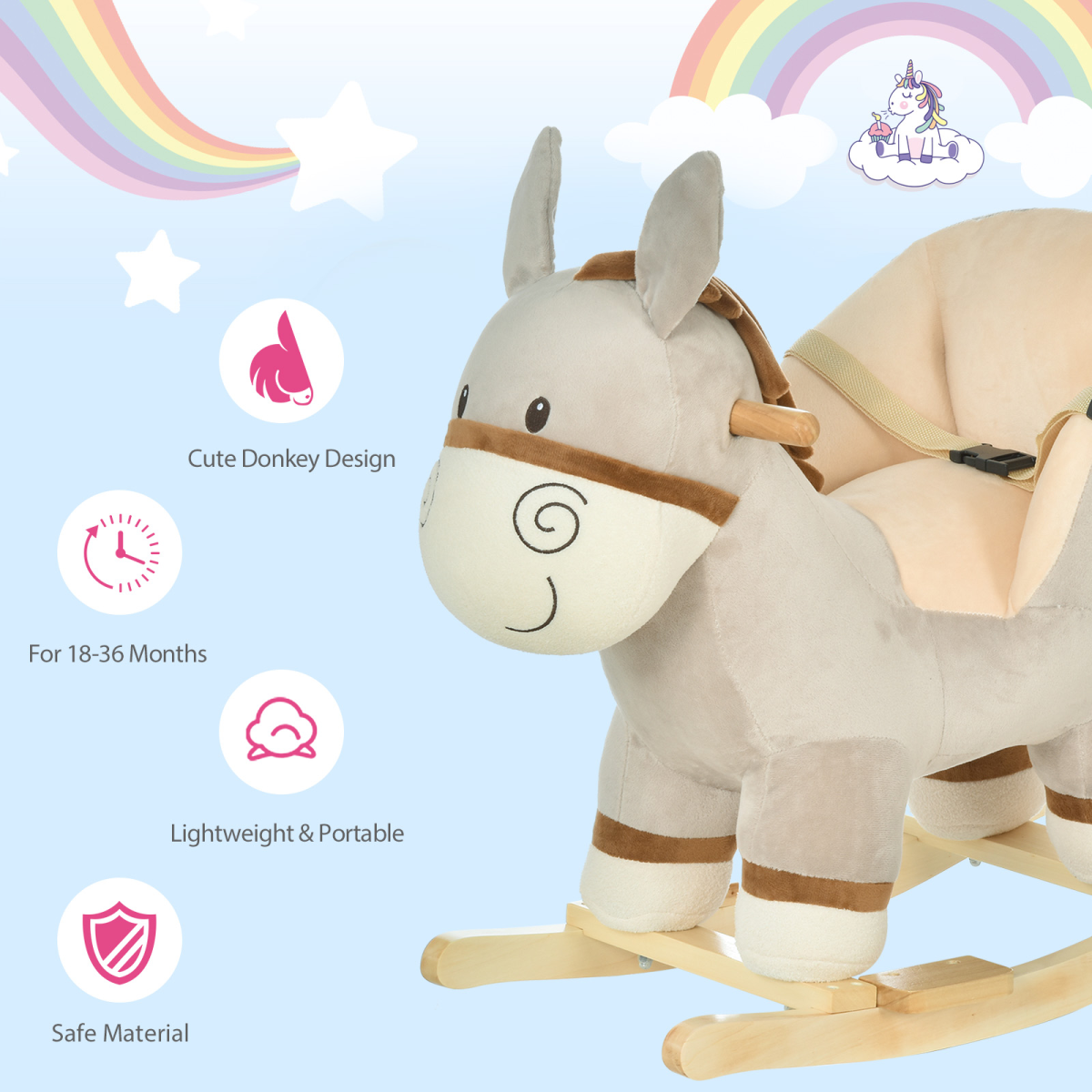 Kids rocking donkey plush ride-on toy featuring a sound button and seat belt for ages 18-36 months by FunZone.