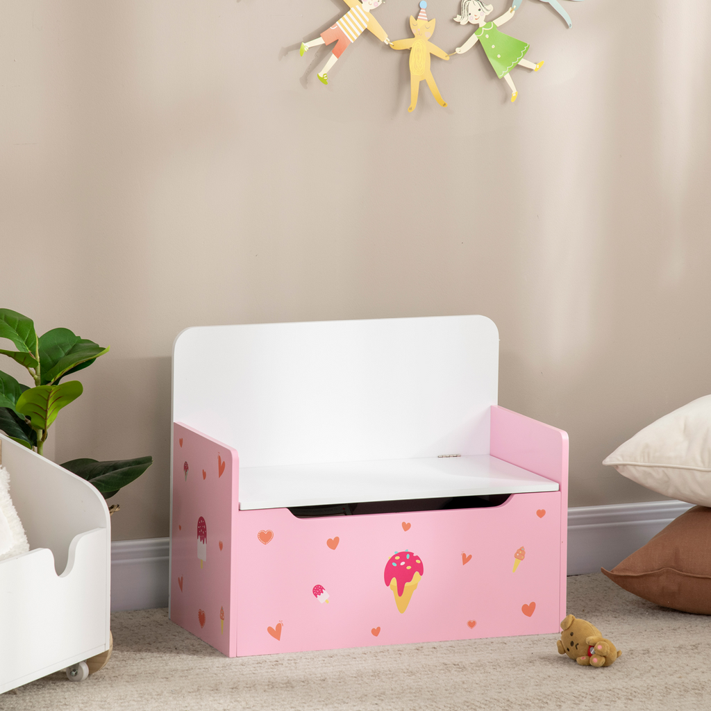 Two-In-One Wooden Toy Box, Kids Storage Bench w/ Safety Rod - Pink