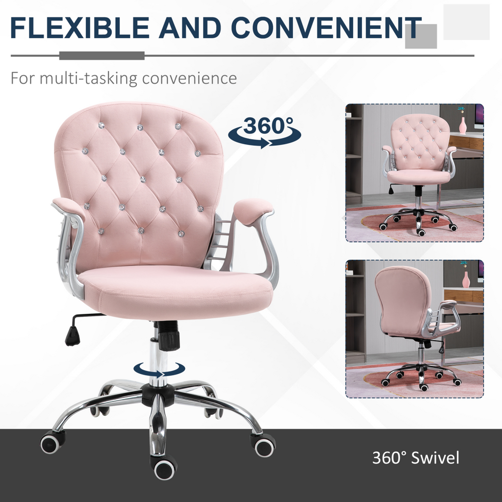 Luxury pink velour office chair with diamond tufting, padded seat, and ergonomic design, featuring a 360° swivel base.