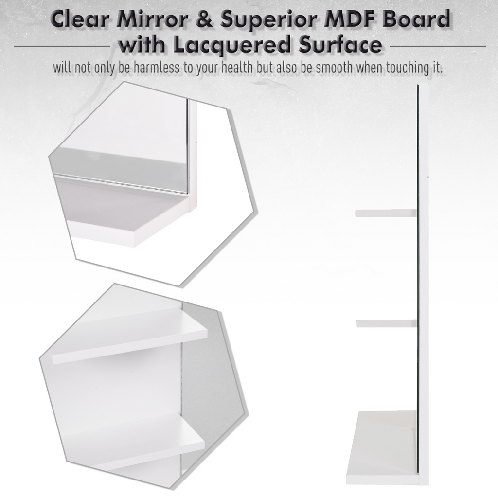 Modern Bathroom Wall Mounted Mirror with 3 Storage Open Shelves, White