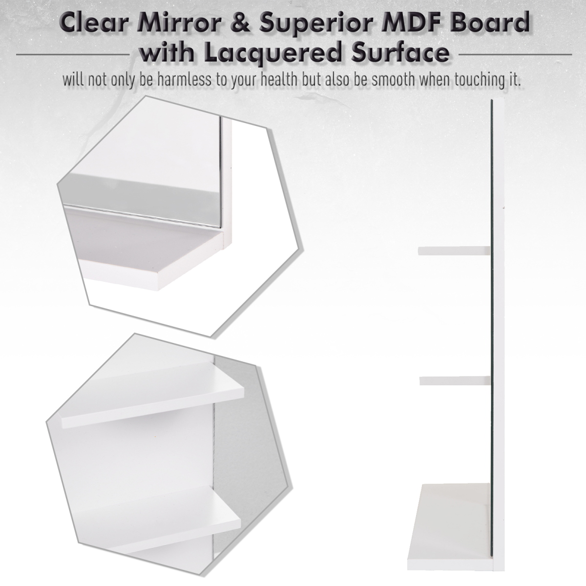 Modern Bathroom Wall Mounted Mirror with 3 Storage Open Shelves, White