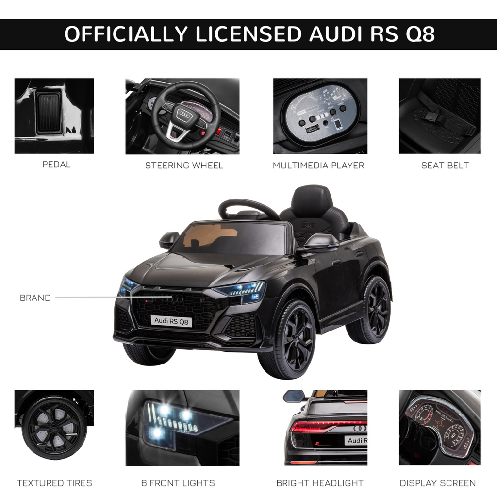 Black Audi RS Q8 6V Kids Electric Ride On Car Toy with remote, USB, MP3, and Bluetooth features from FunZone.