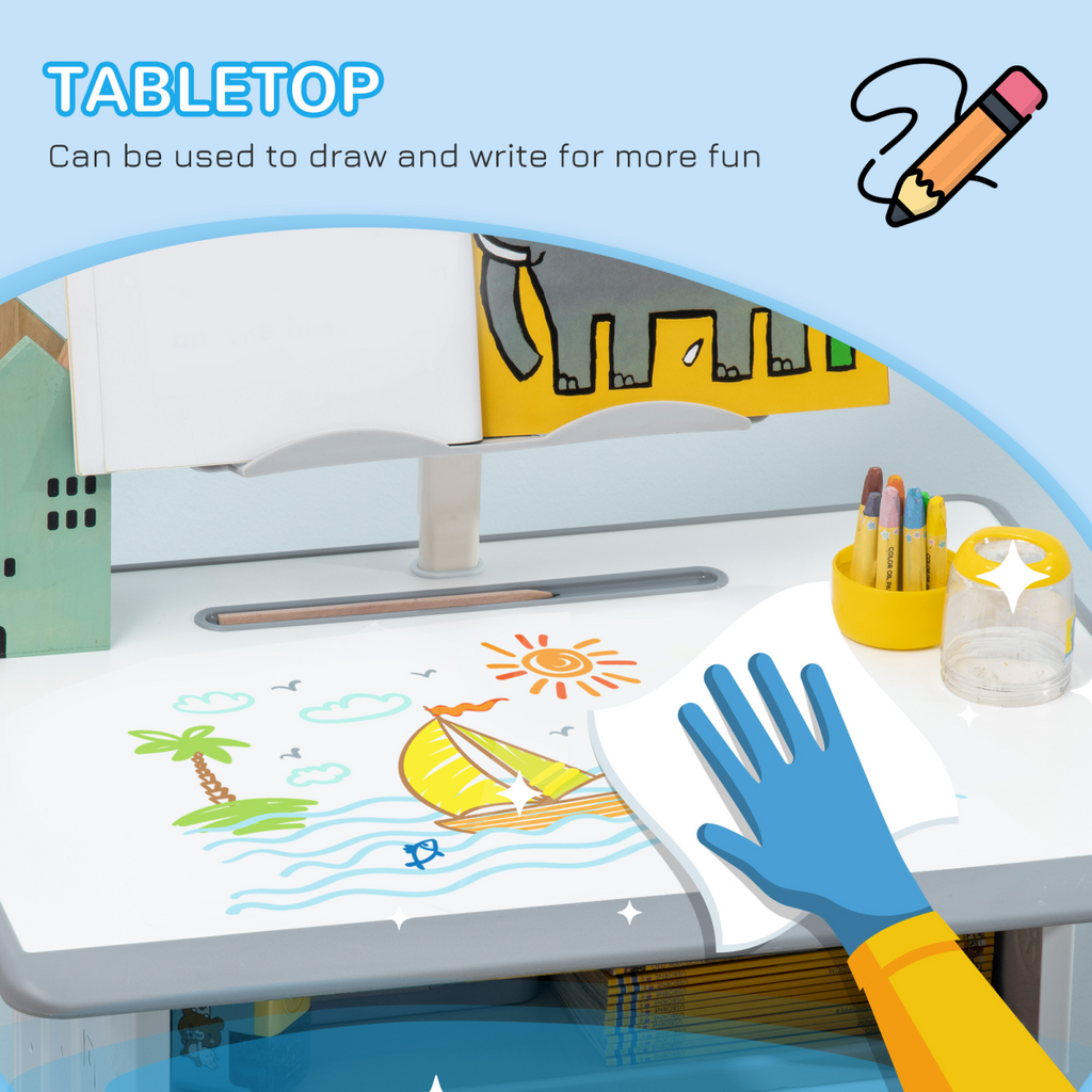 Kids desk and chair set in grey, adjustable height for ages 6-12, featuring a book stand for study convenience.