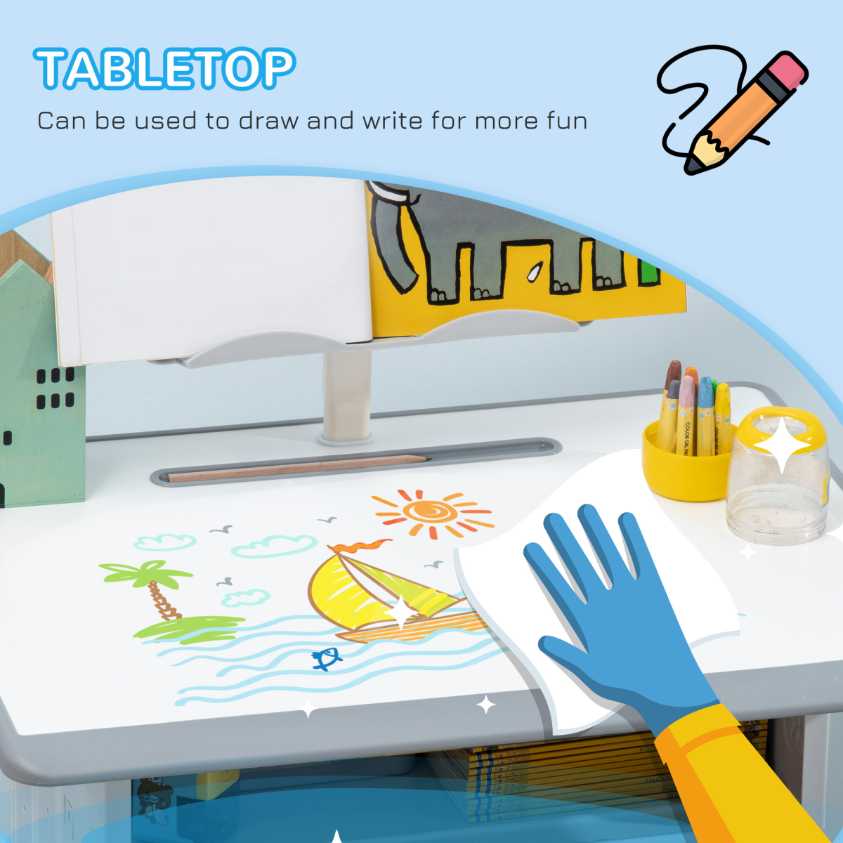 Kids desk and chair set in grey, adjustable height for ages 6-12, featuring a book stand for study convenience.