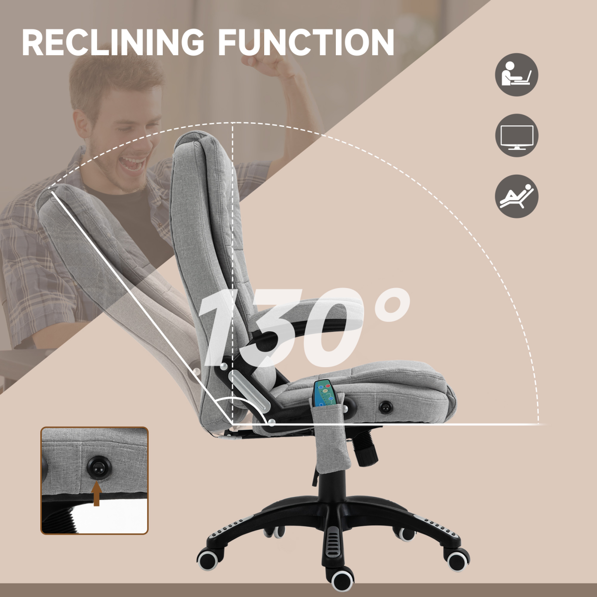 Executive reclining chair in grey with heating massage points and relaxing headrest from HomeCraft.