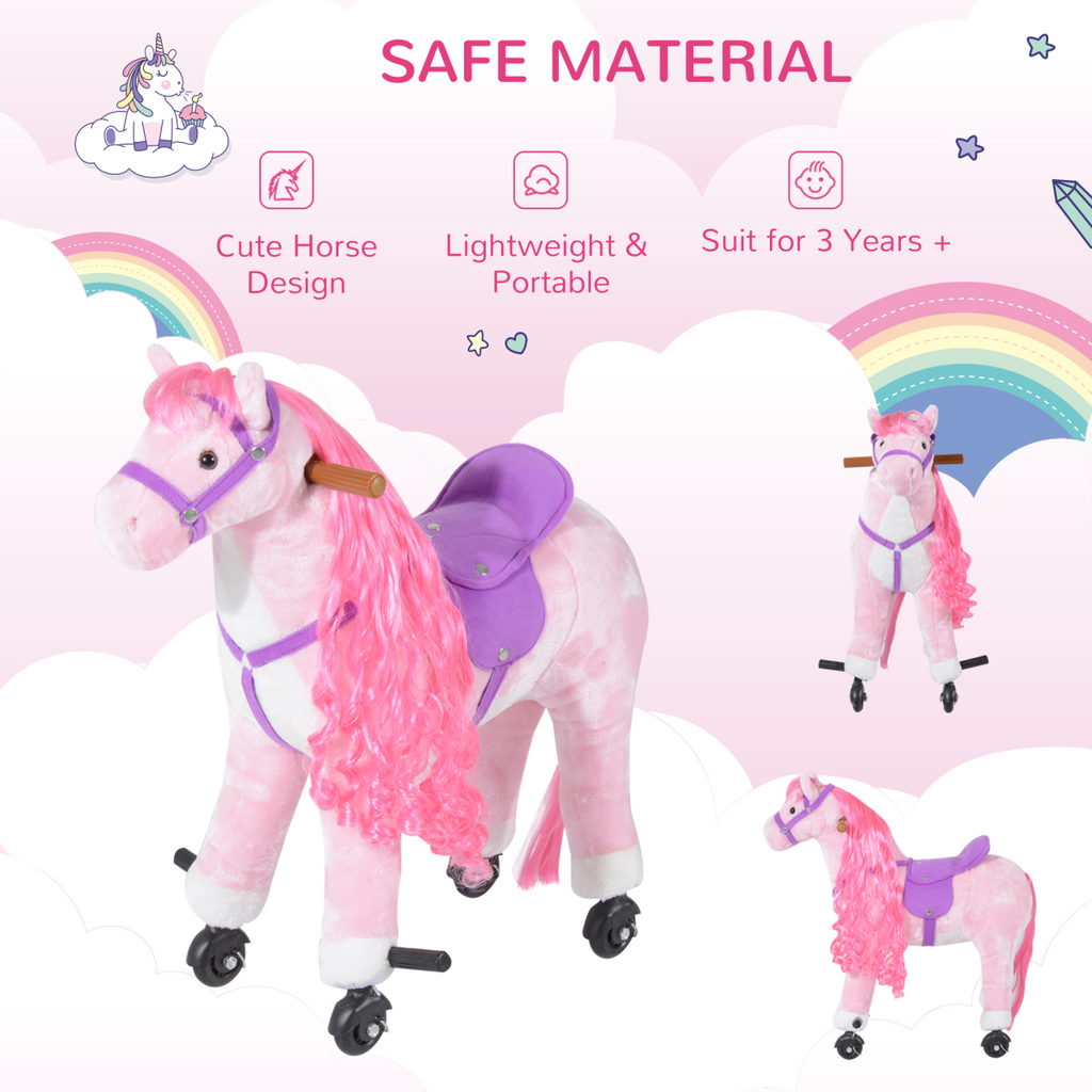 Child riding a plush HOMCOM FunZone mechanical horse toy, featuring sound and walking motion for interactive play.