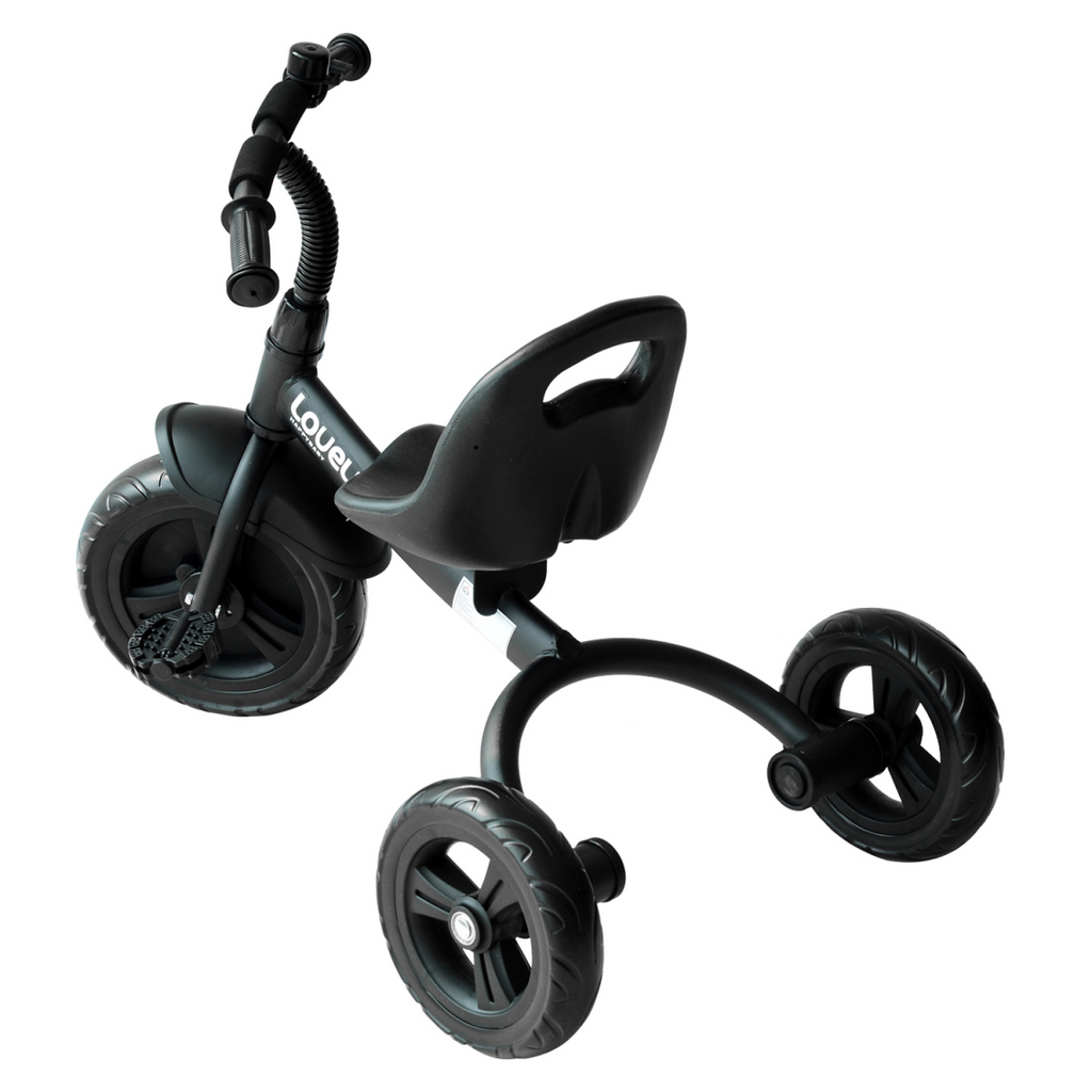 Black FunZone toddler tricycle with three wheels and adjustable seat for ages 18 months and older.