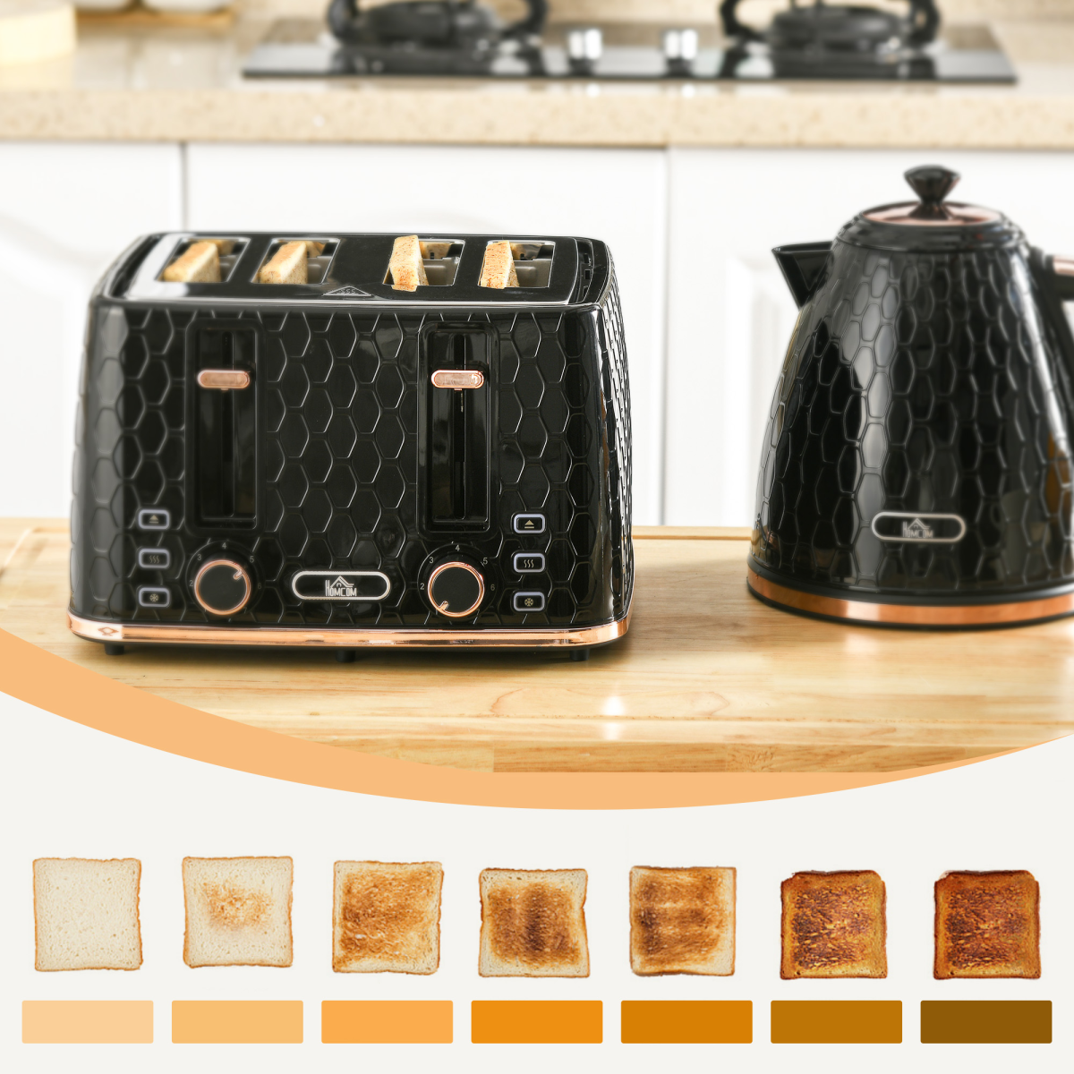 HOMCOM black kettle and toaster set featuring a 1.7L kettle and 4-slice toaster with 7 browning levels.