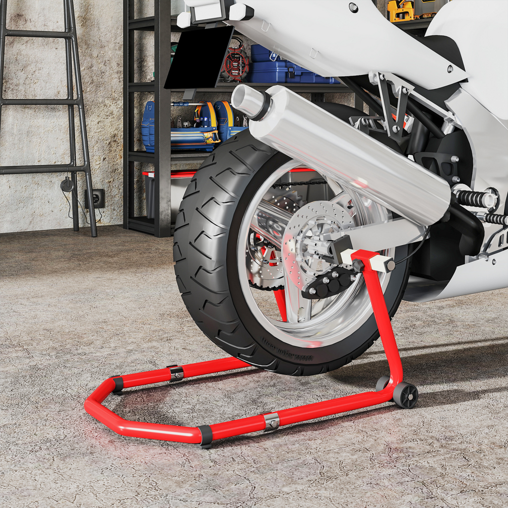 Motorcycle Paddock Stand - Front & Rear - 390kg Capacity - Adjustable Adapters - Red