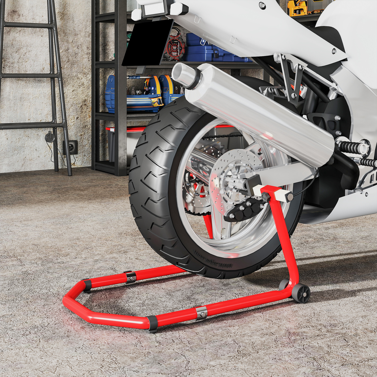 Motorcycle Paddock Stand - Front & Rear - 390kg Capacity - Adjustable Adapters - Red