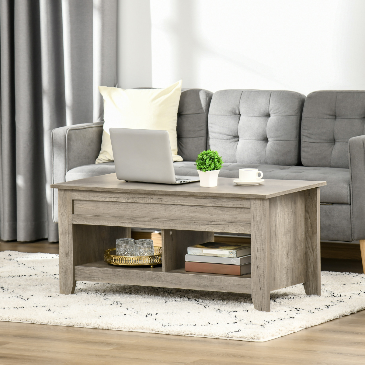 HOMCOM Lift Top Coffee Table w/  Hidden Storage Compartment & Shelves Oak