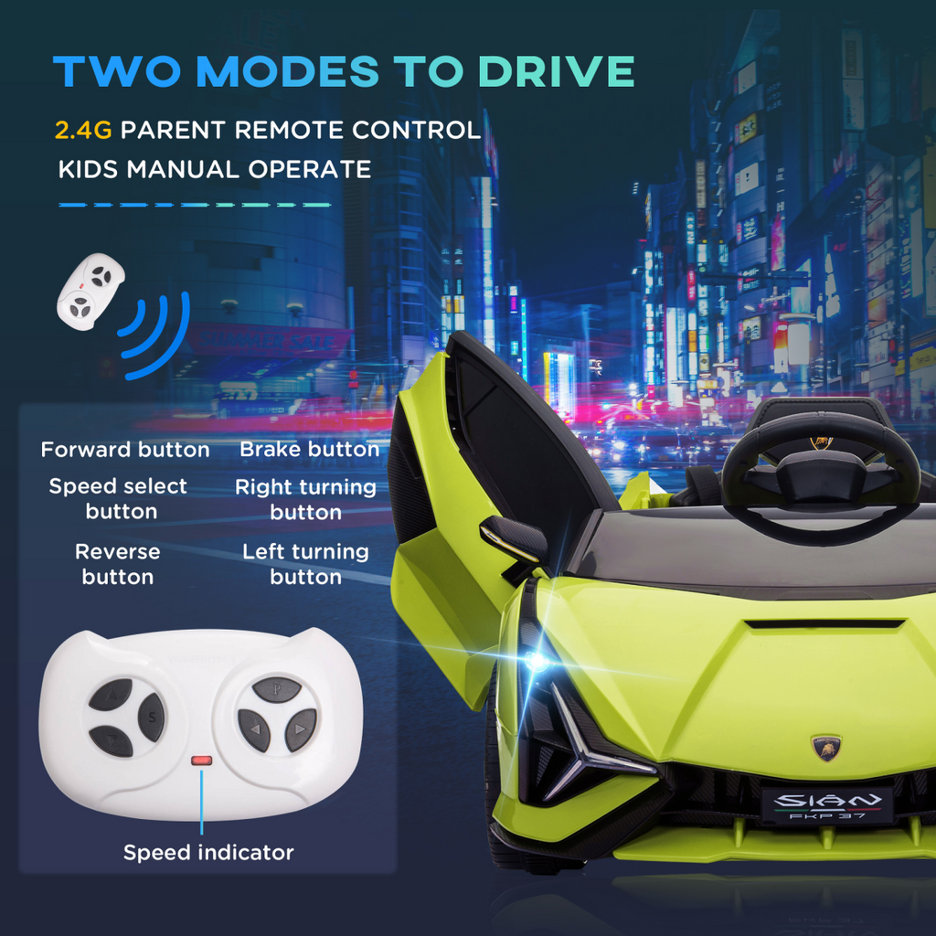 Licensed Lamborghini SIAN 12V electric ride-on car in red, featuring remote control, designed for ages 3-5.