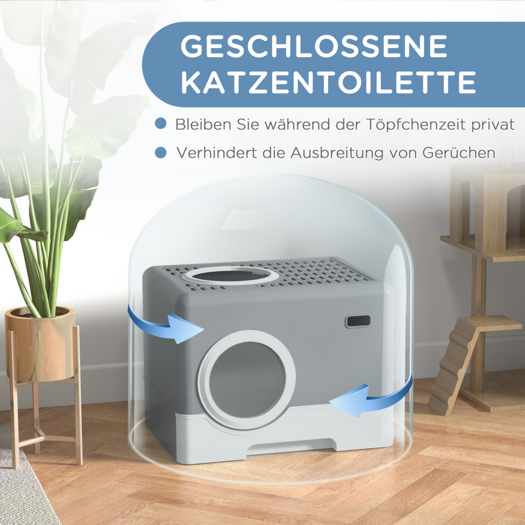 PawHut Enclosed Cat Litter Tray with Lid, Front Entry, Top Exit, Scoop - Grey