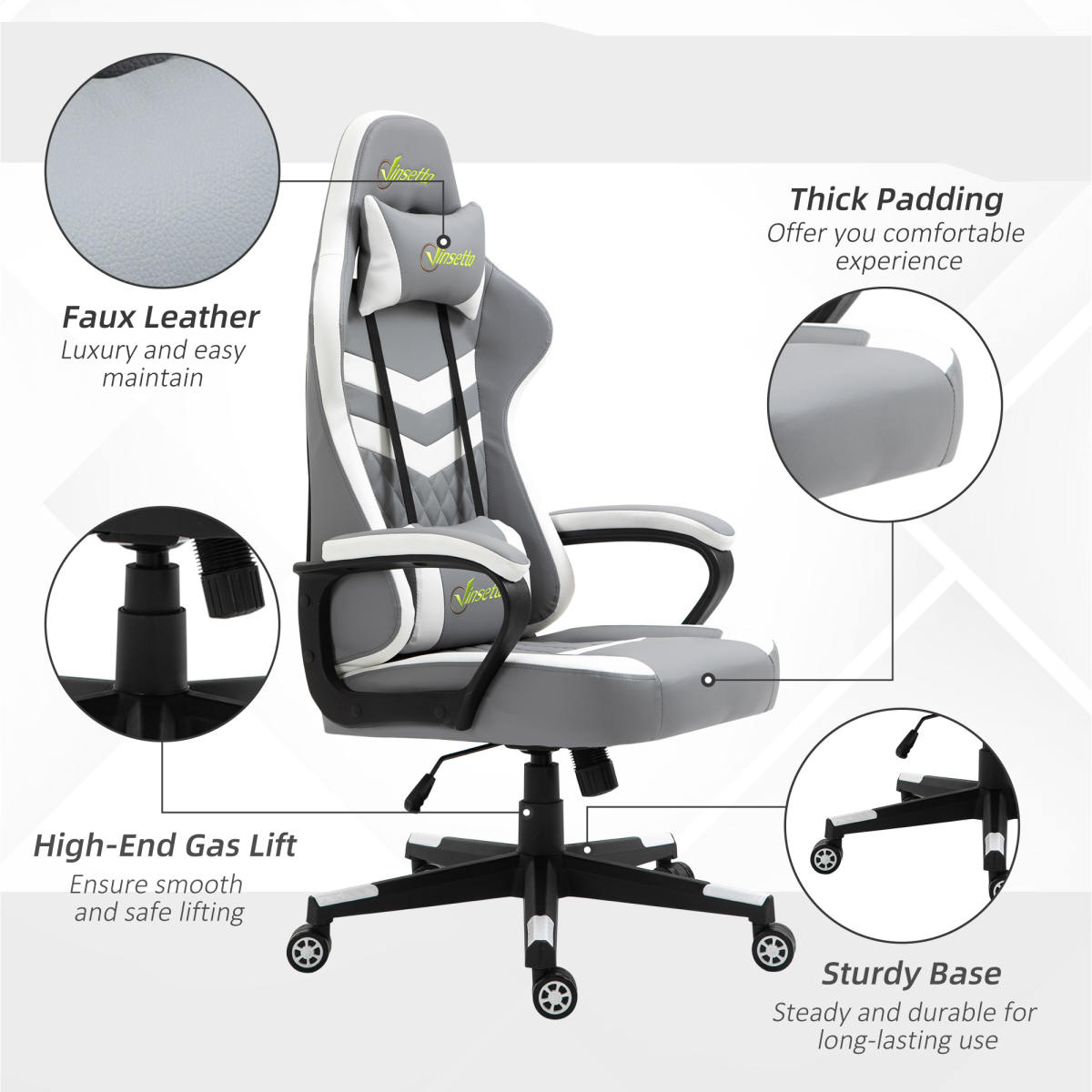 Grey and white Racing Gaming Chair with lumbar support and headrest, designed for gamers and office use.