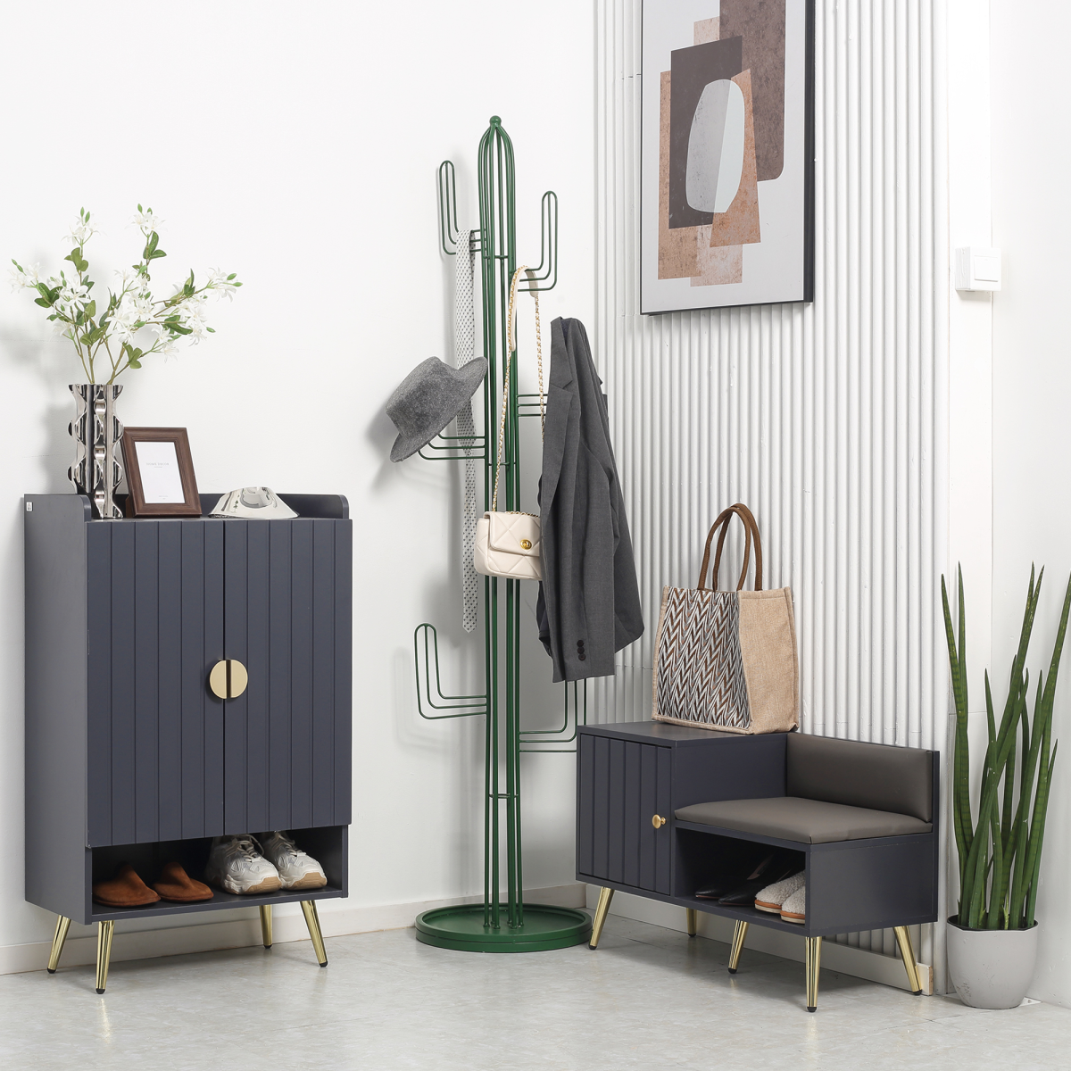 Grey shoe bench with storage cabinet and seating cushion for entryway or hallway by HomeCraft.