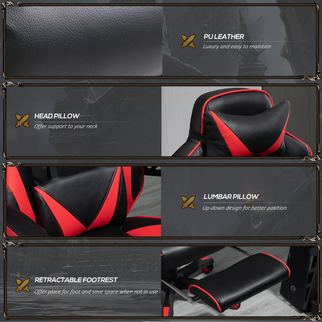 Red ergonomic gaming chair with a reclining feature and manual footrest, ideal for gaming and office use.