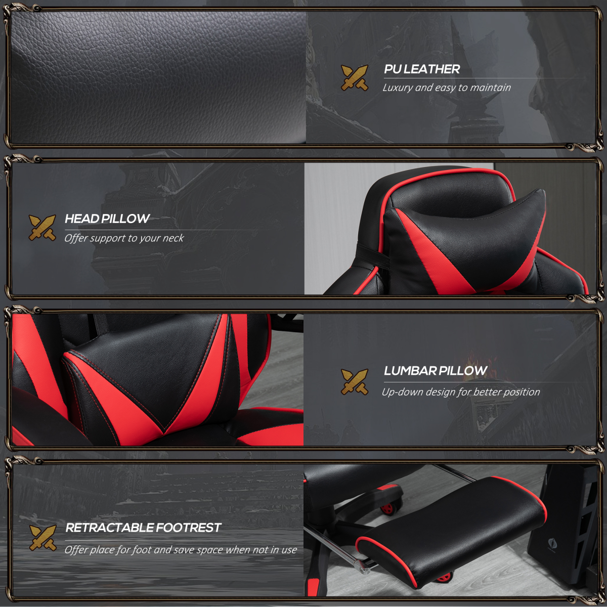 Red ergonomic gaming chair with a reclining feature and manual footrest, ideal for gaming and office use.