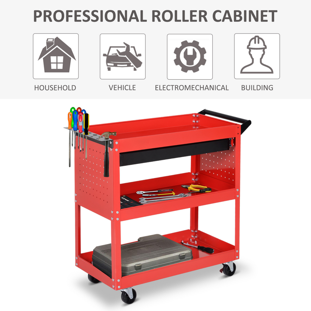 3-tier Tool Trolley Cart Roller Cabinet Storage Box Lockable Casters Red